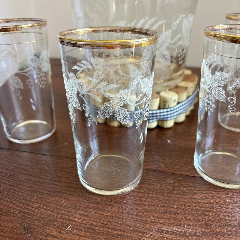 VTG Bartlett Collins Frosted Grape Leaf Gold Rim‎ Glasses 8oz (4) W/ Ice Bucket